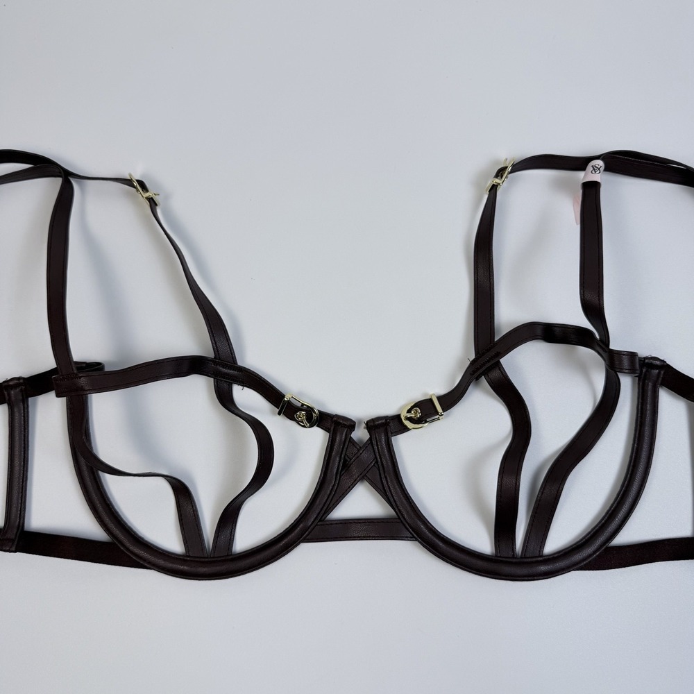 Victoria's Secret Very Sexy Brown Faux Leather Cage Harness Strappy Open Bra L